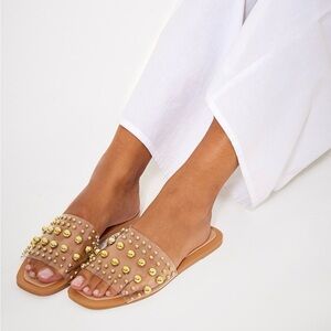 Gold Studded Vinyl Square Toe Flat Mule Sandals - size 8
